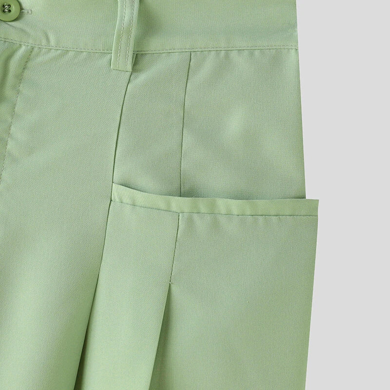 INCERUN Mens Solid Pleated Design Casual Straight Pants Casual Comfortable Wide Legged Long Pant with Pockets