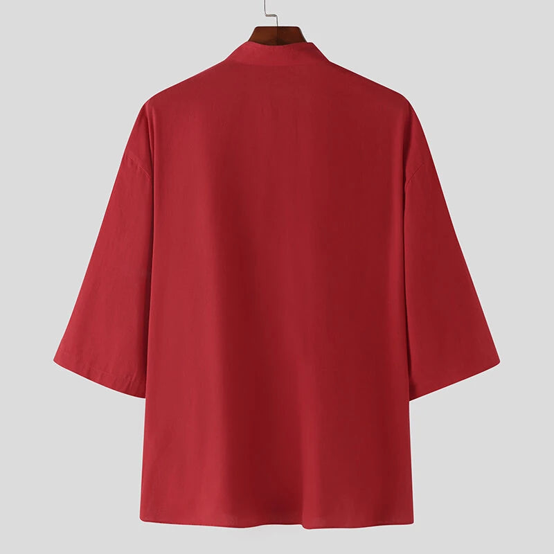 INCERUN Men Cotton Linen Half Sleeve Shirt Solid Color Comfy Loose Fit Casual Stand Collar Top for Men Plus Size Spring Fall