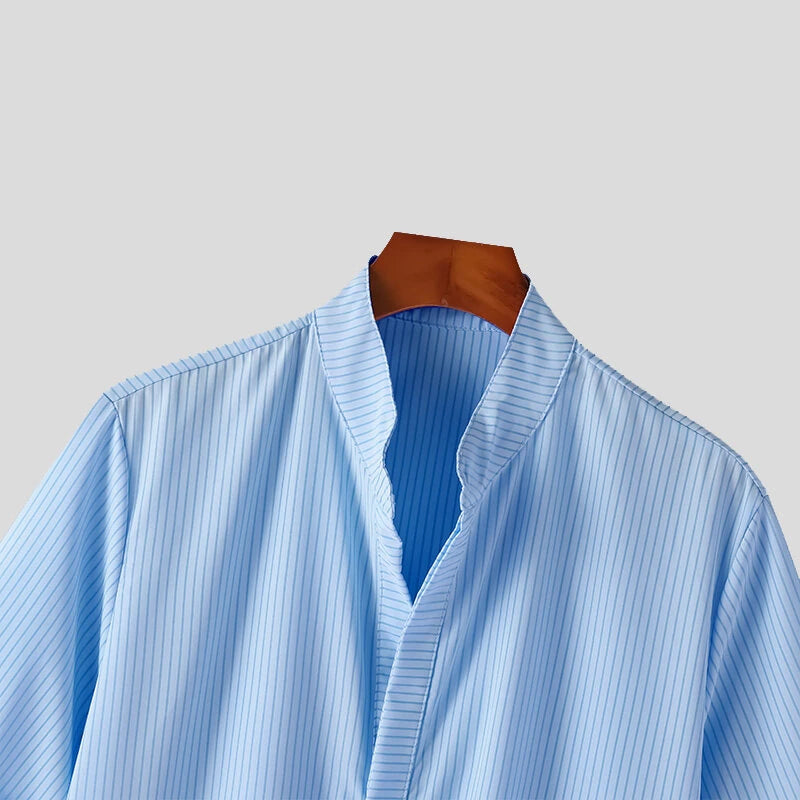 INCERUN Mens Shirt Striped Stand Collar Short Sleeve Top Shirts Summer Daily Casual Male Clothing Solid Color Shirts