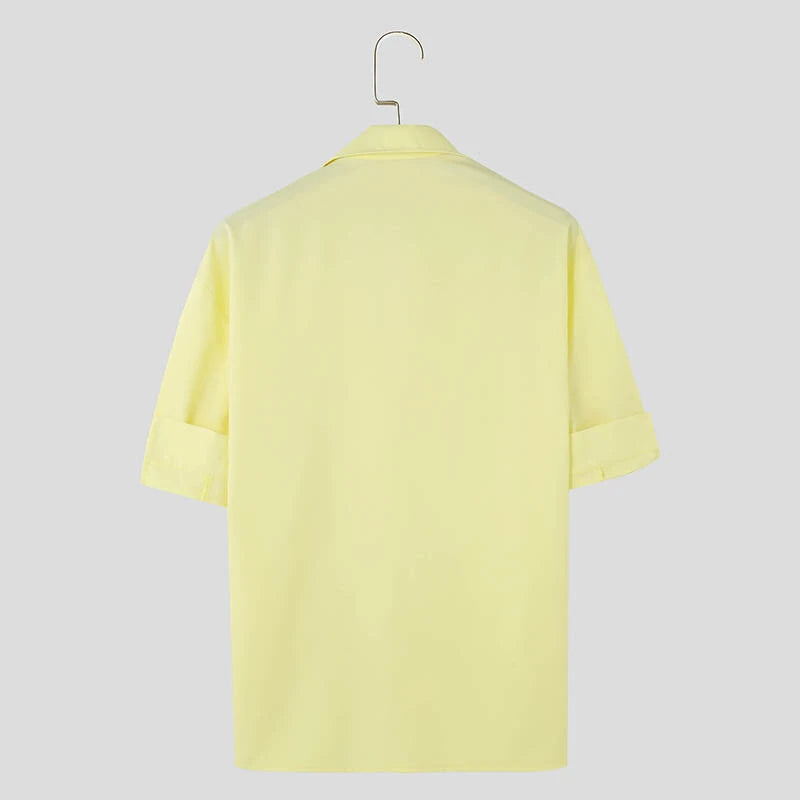 INCERUN Mens Asymmetrical Pleated Short Sleeve Shirt Casual Solid Color Lapel Top for Male