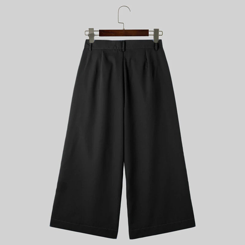 INCERUN Men Pants Solid Color High-waisted Straight-legged Trousers Comfy Button Loose Fit Men's Black Pant