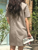 Solid Pocket Short Sleeve Casual Midi Dress