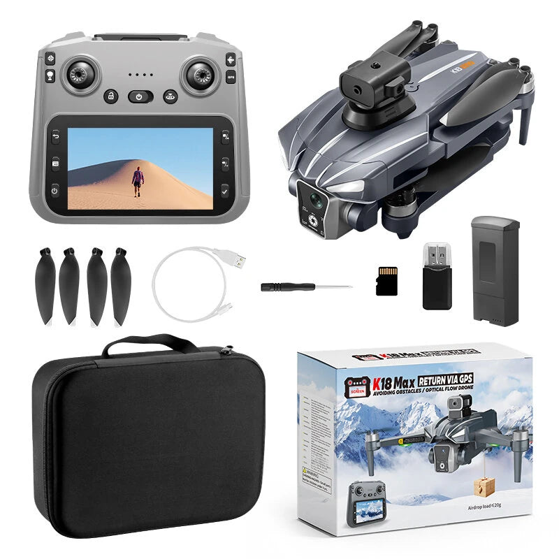 XKJ K18 MAX GPS 5G WiFi FPV with 5.9inch LCD Screen Controller HD Dual Camera Servo Gimbal 360 Obstacle Avoidance One-Key Airdrop Brushless Foldable RC Drone Quadcopter RTF