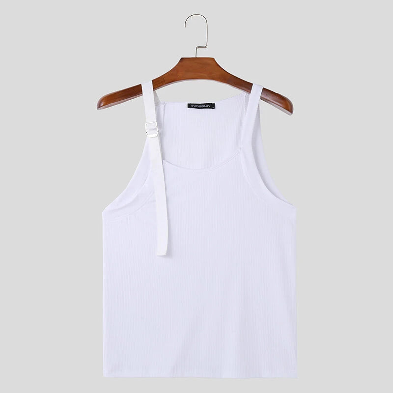 INCERUN Men Adjustable Shoulder Strap Tank Top Summer Knitted Solid Color Sleeveless Mens Vest Daily Male Clothing Tops
