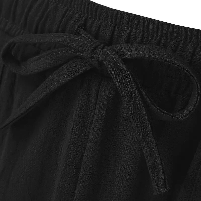 Men's Summer Cotton Linen Shorts Breathable Solid Black Drawstring Plus Size Beach Shorts Lightweight Casual Short Pants for Men Comfortable