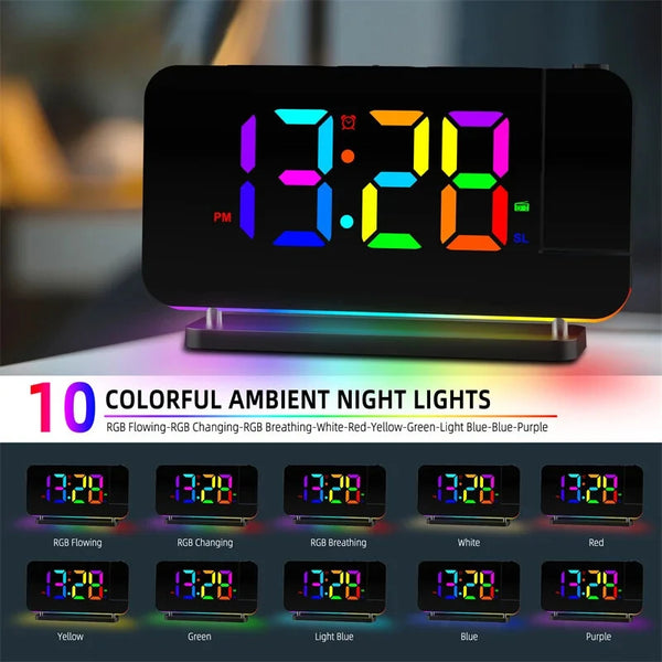 180  Rotation RGB Colorful Night Light Radio Projection Clock Projection Digital Alarm Clock With Night Light 2 USB Output Port 12H/24H FM Radio Time Projector LED Clock