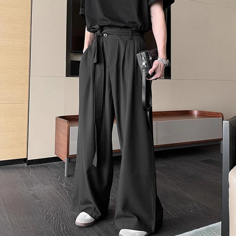 INCERUN Men Side Lace Up Solid Color Pants Button Zipper Wide Legged Trousers Loose Fit Casual Daily Men Pants Plus Size S-5XL