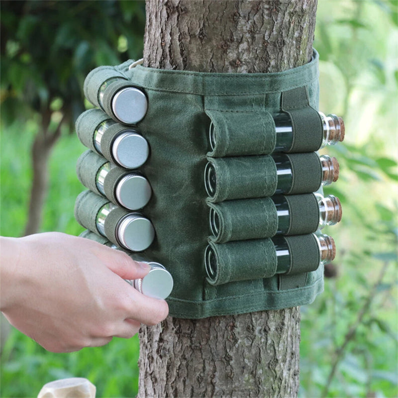 IPRee Reliable Outdoor Camping Spice Bottle Storage Bag Free with 9pcs Glass Spice Bottle Storage Bag BBQ Seasoning Bottle Canvas Bag