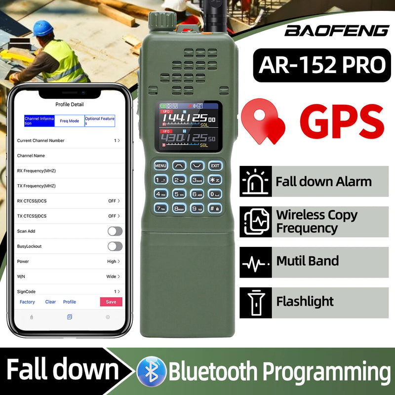 BAOFENG AR-152 PRO 10W GPS Walkie Talkie Long Range Bluetooth Programming Multi Band 12000mAh Tactical 1000CH Two Way Ham Radio with Flashlight