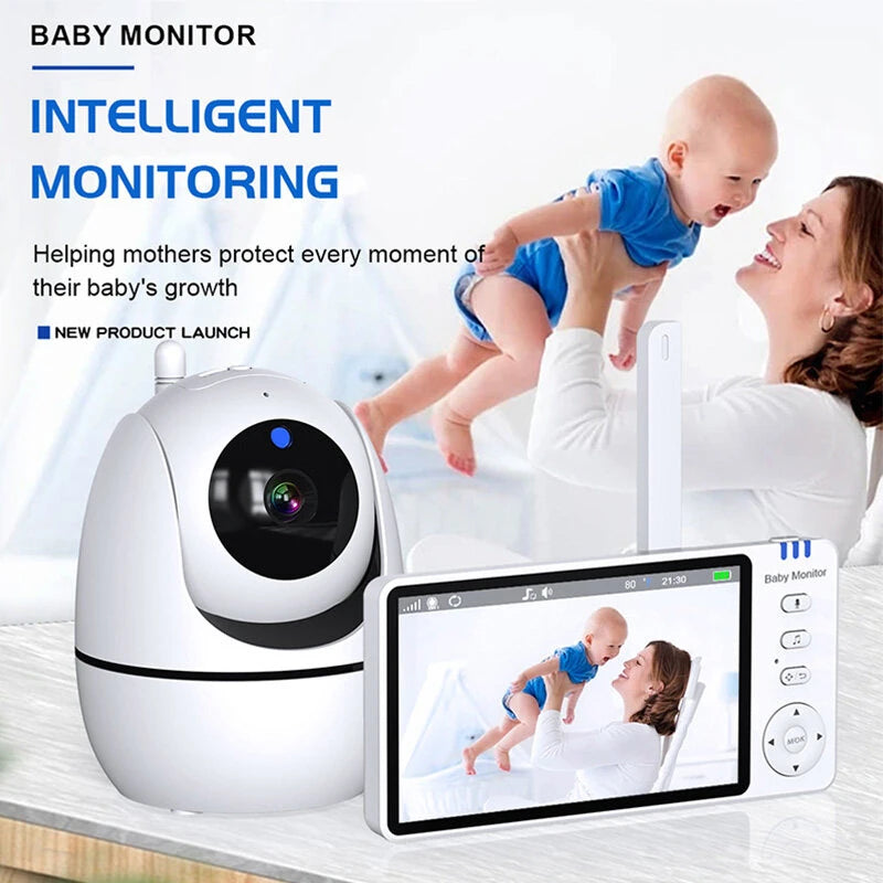 ABM501 5 Inch WIFI IP Camera Baby Monitor Video Babyphone Camera PTZ Zoom Night Vision Temperature Sensor Lullaby 24H Battery WiFi-Free Secure Connection