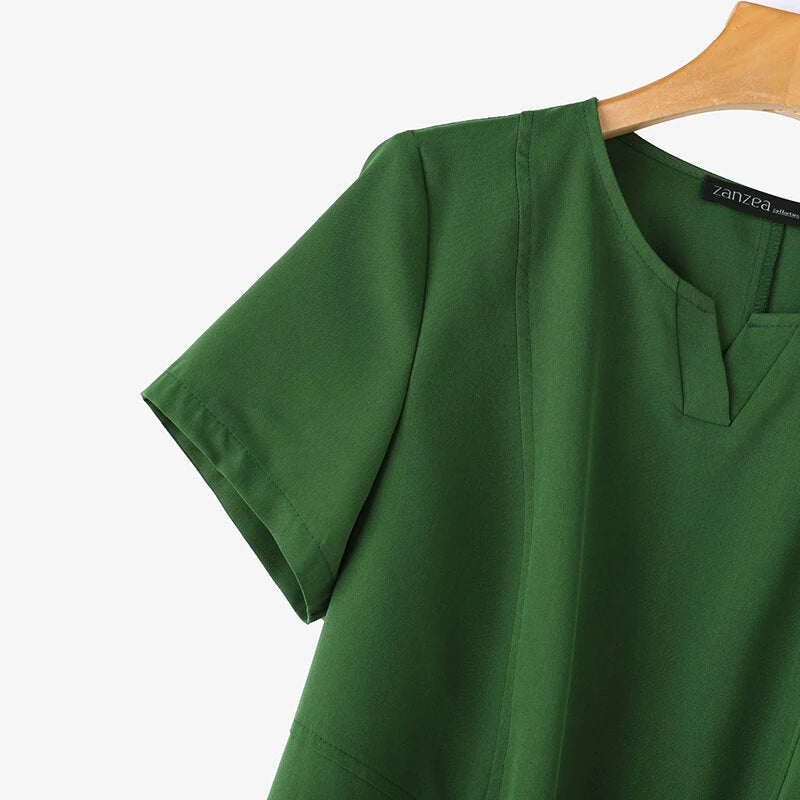 ZANZEA Women Daily Casual Side Pockets V-Neck Short Sleeves Solid Color Dresses