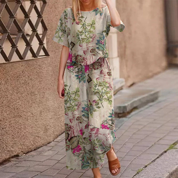 ZANZEA Plus Size Women Casual Floral Print Cotton Pantsuits, Vintage Printed Short Sleeve T-shirt & Wide Leg Pants Outfits, Women's Clothing Two-Piece Set S-5XL