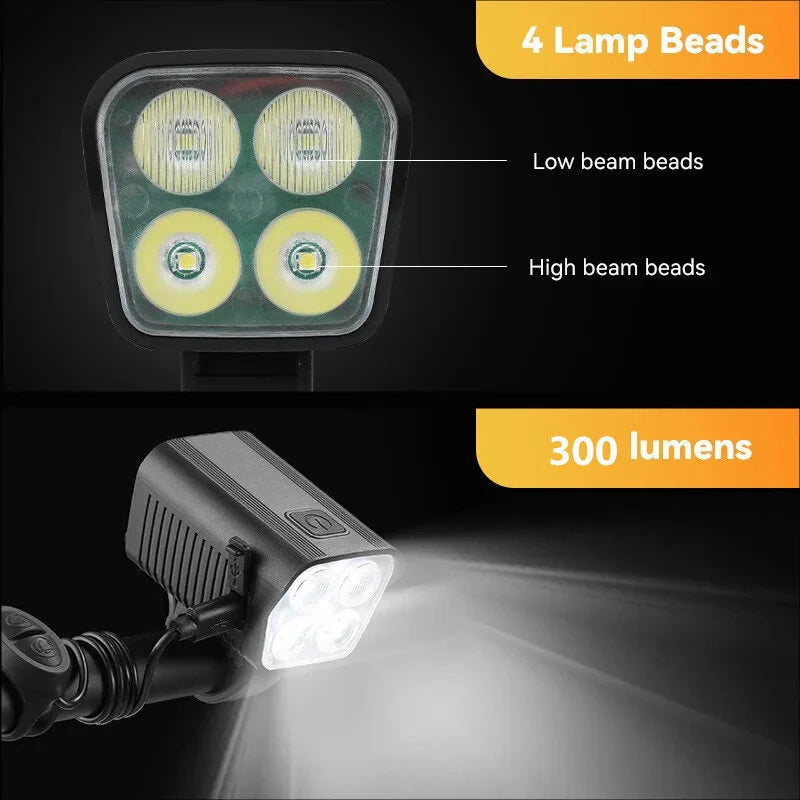BENGGUO 2-in-1 LED Bicycle Front Light with Bell Horn 4 Super Bright LEDs 500mAh Battery Type-C Charging Safe for Night Cycling