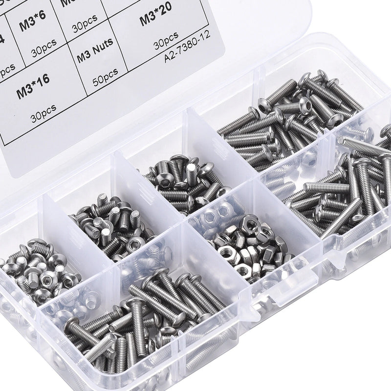 230pcs M3 304 Stainless Steel Allen Hex Drive Button Head Socket Cap Bolts Screws Nuts Assortment Kit Box Nuts Allen bolts Set