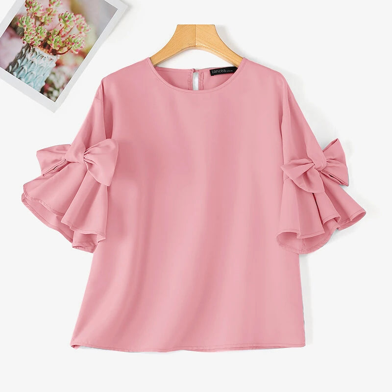 ZANZEA Elegant Style Womens Shirts Blouses Ladylike Crew Neck Ruffled Sleeves Tops Side Bowknot Solid Blouses