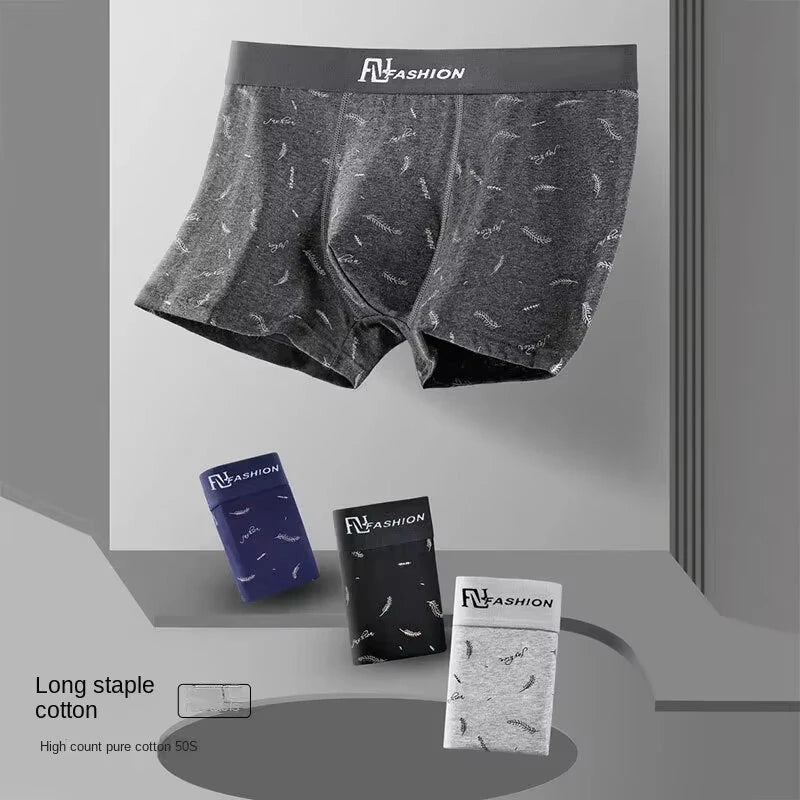 4Pcs Mens Underwear Soft Breathable Cotton Trunks Plus Size Boxer Briefs Short Mid Waist Print Flat Corner Pants