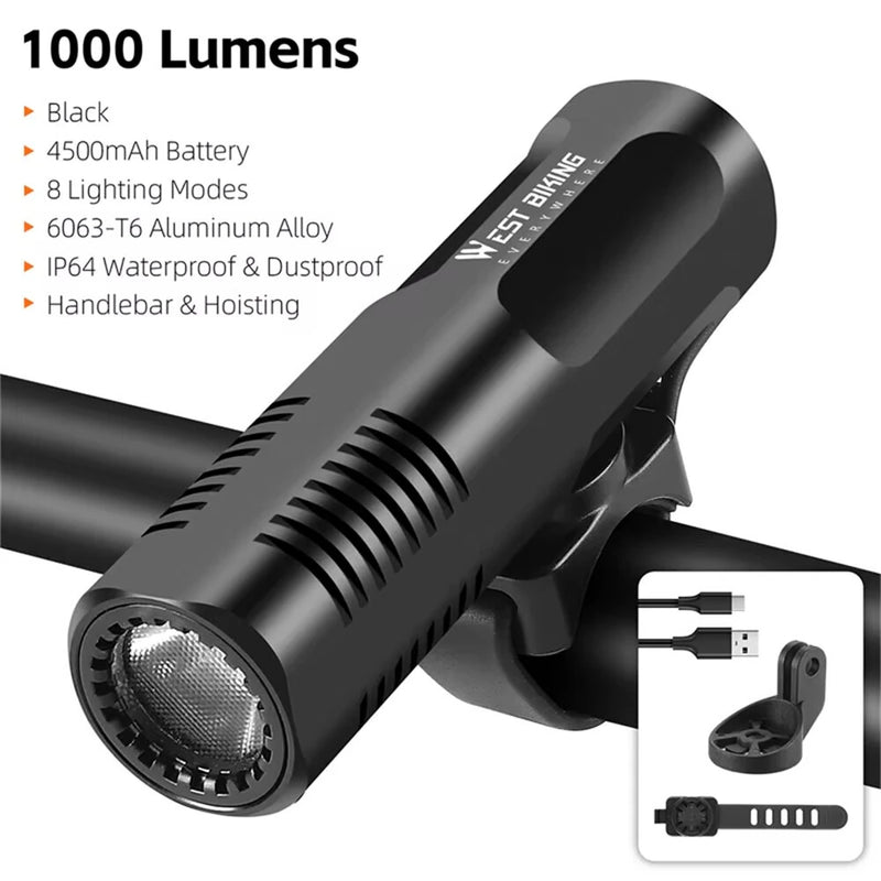 WEST BIKING 1000LM Bicycle Headlight 8 Lighting Modes Aluminium 4500mAh Power Bank Type-C Rechargeable Waterproof Flashlight for MTB Road Cycling