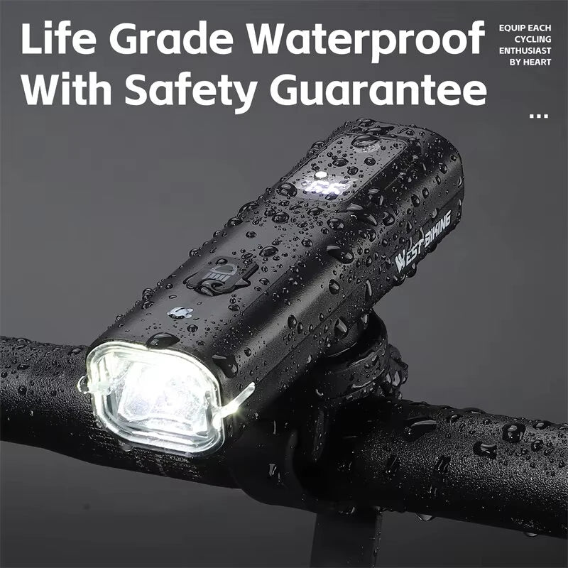 WEST BIKING Smart LED Digital Display Bike Headlight 1500mAh Battery Type-C Charging Waterproof Mini Portable Bicycle Front Light for MTB Bike Road Bike Flashlight