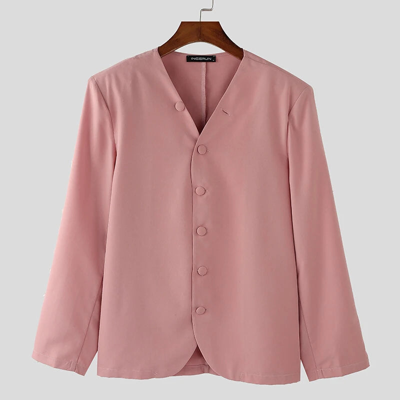 INCERUN Mens Solid Color Long Sleeve Two-Piece Outfit Collarless Blazer & Suit Pants Men's Fashion Set