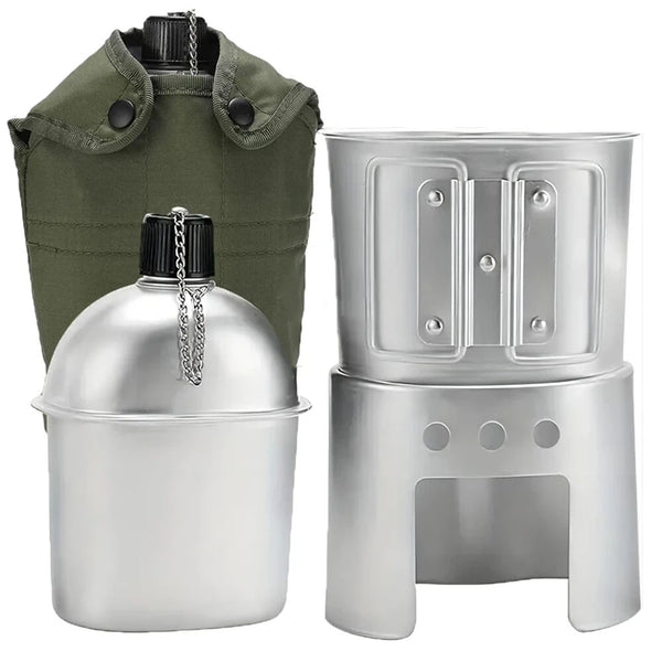 IPRee Aluminum Water Canteen Cup Wood Stove Pouch Set Portable Military Canteen for Outdoor Camping Survival Experience Hiking Backpacking