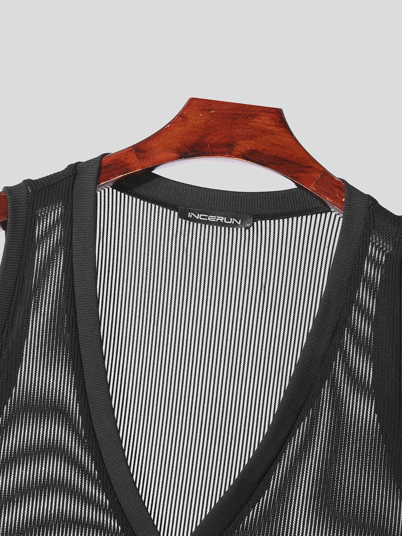 INCERUN Men Tank Tops V-neck Mesh Knitted Sleeveless Vests Streetwear Tanks Fashion Casual Men Top Clothing