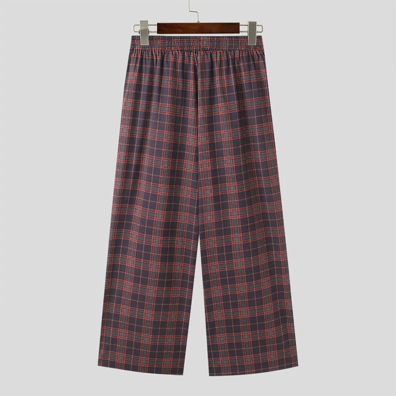 INCERUN Men Plaid Pants Comfortable Elastic Waist Pockets Trousers Casial Loose Fit Wide Leg Home Pant for Big Men Daily Large Size S-5XL