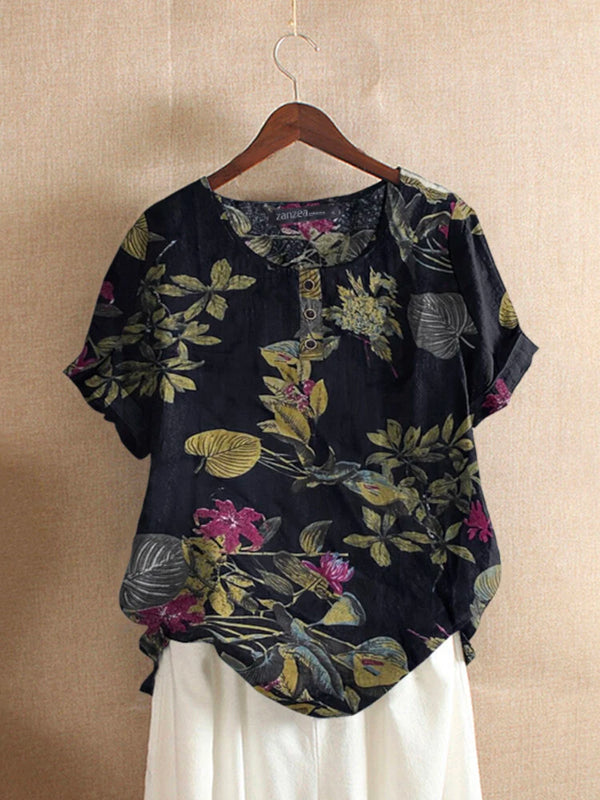 ZANZEA Plus Size Women's Shirt Cotton Linen Printed Casual Short Sleeve O Neck Loose Blouse Summer Daily Top for Women