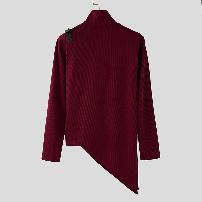 INCERUN Mens Textured High Neck Long Sleeve Knitted Sweater Comfortable High Stretch Fall Winter Tops for Male S-5XL