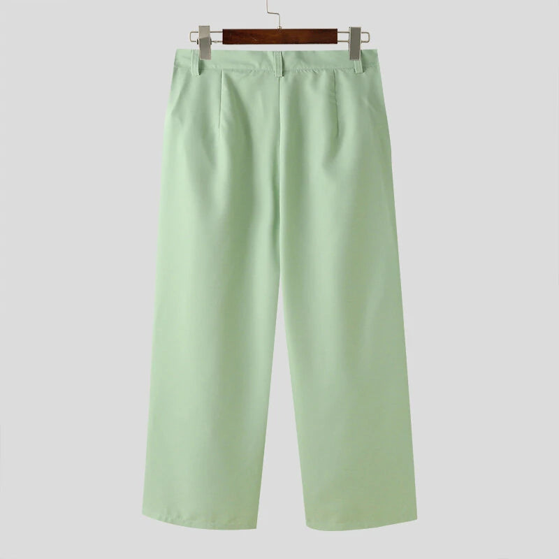 INCERUN Mens Solid Pleated Design Casual Straight Pants Casual Comfortable Wide Legged Long Pant with Pockets