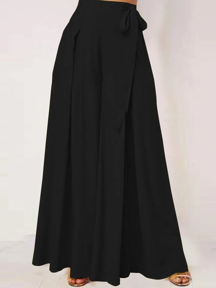 ZANZEA Women Solid Color Bowknot Pleated Loose Casual Wide Leg Pants