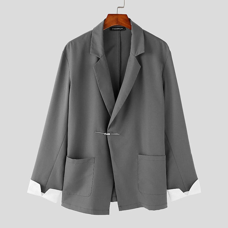 INCERUN Mens Metal Buckle Patchwork Lace Long-Sleeve Blazer Fashion Casual Solid Color Suit Top Outwear