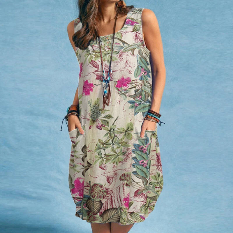ZANZEA Plus Size Women Plant Print Dress Button Pocket Sleeveless Cotton Linen Casual Holiday Midi Dresses S-5XL