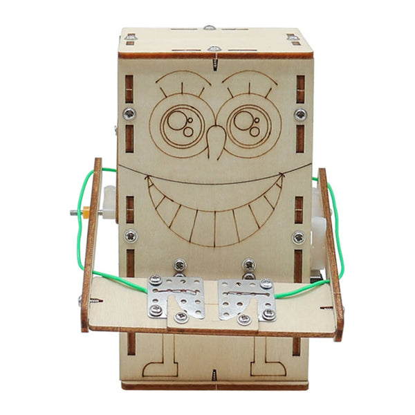 Wooden DIY Electric Powered Coin Eating Robot Puzzle Assembly Technology Small Production Creative Invention Mechanical Science Toy