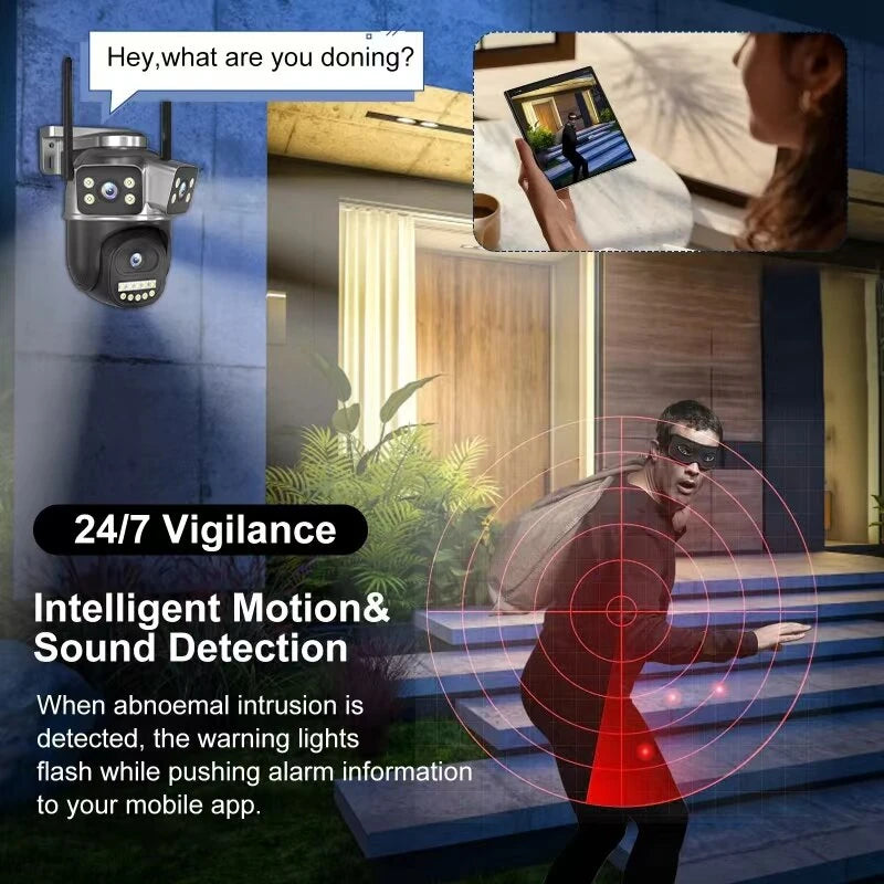 QD18 6MP Three-lens WiFi+bluetooth IP Camera Three Screen PTZ Camera Night Vision Auto Motion Tracking Two-way Audio Waterproof Dual Integrated Antennas CCTV Video Surveillance Cameras