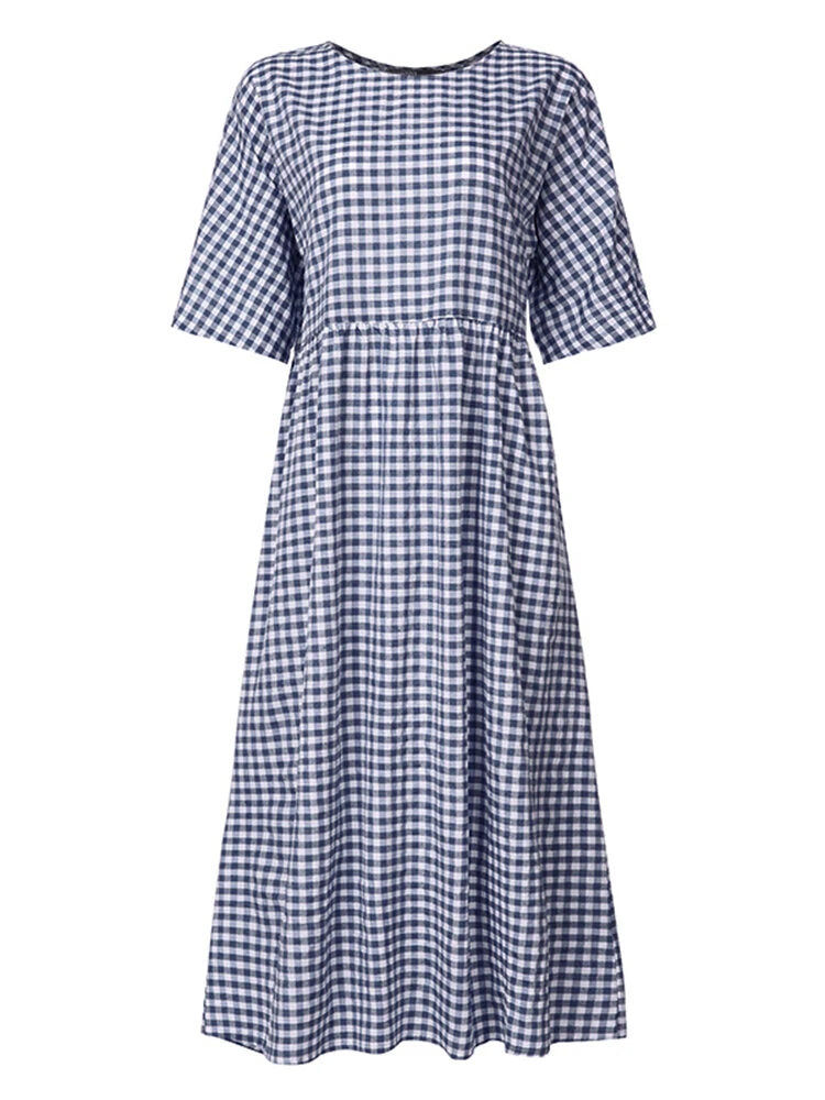 ZANZEA Plus Size Women Long Dress Casual Loose Plaid Print O-Neck Half Sleeve Beach Maxi Dress