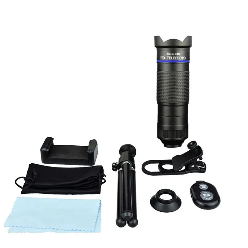 36X Phone Camera Telephoto Lens 4 In 1 Clip-on Telecope Zoom Macro Fisheye with Tripod Eyemask Storagebag Clip-On Lense for  Hiking Camping Wildlife Observation Moon Sports Game Concert Watching