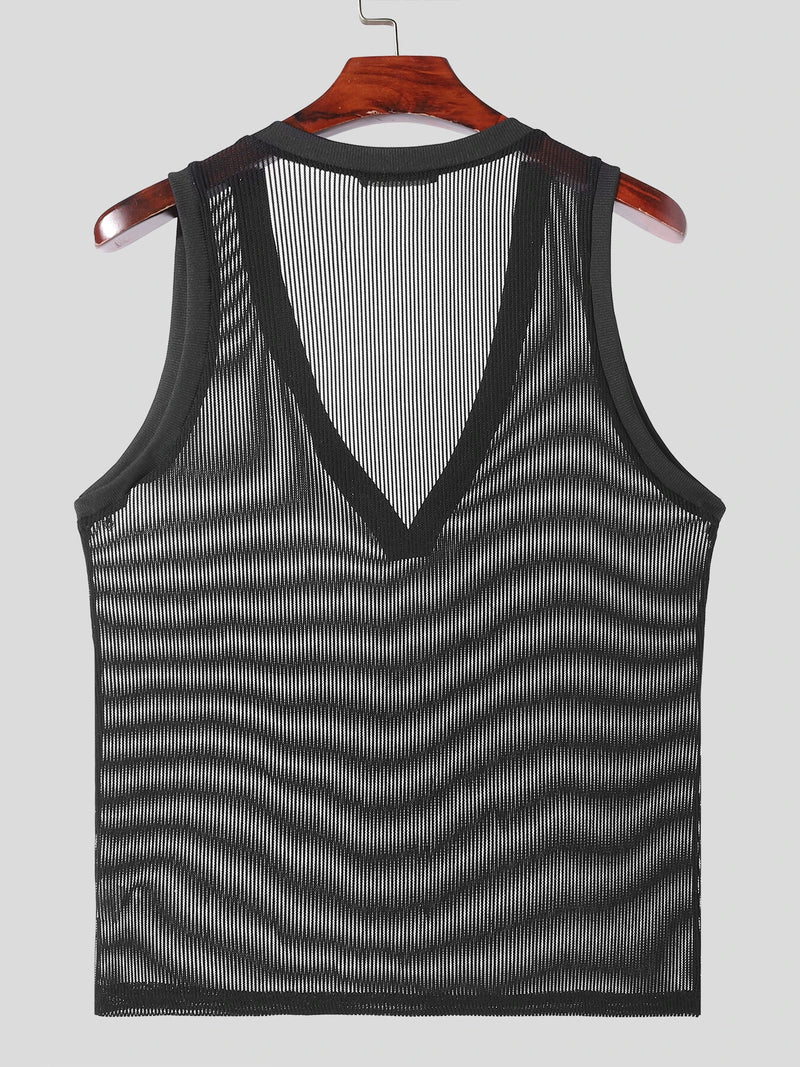 INCERUN Men Tank Tops V-neck Mesh Knitted Sleeveless Vests Streetwear Tanks Fashion Casual Men Top Clothing