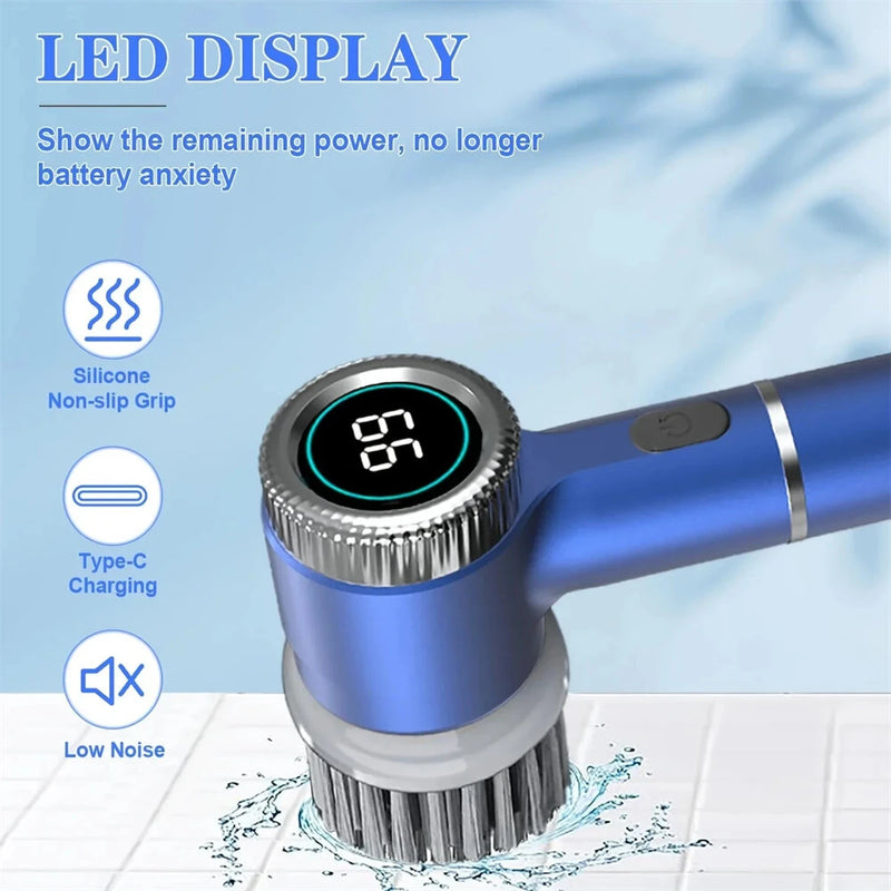 5 in1 Portable Electric Cleaning Brush 5W 1200mAh Rechargeable 3-Speed Adjustable 1600/2000/2400 RPM Cordless Multi-functional Kitchen Dish Scrubber with LED Indicator and USB Charging