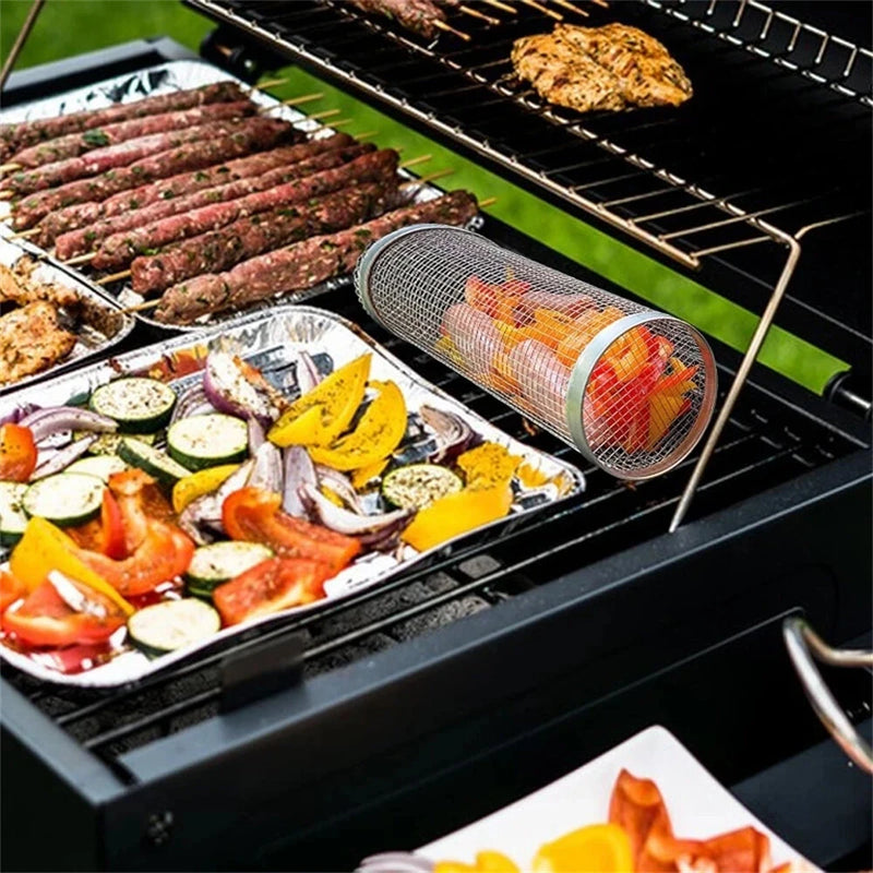 IPRee Round BBQ Basket Stainless Steel Rolling Grilling Basket Wire Mesh Cylinder Grill Basket Portable Outdoor Camping Barbecue Rack