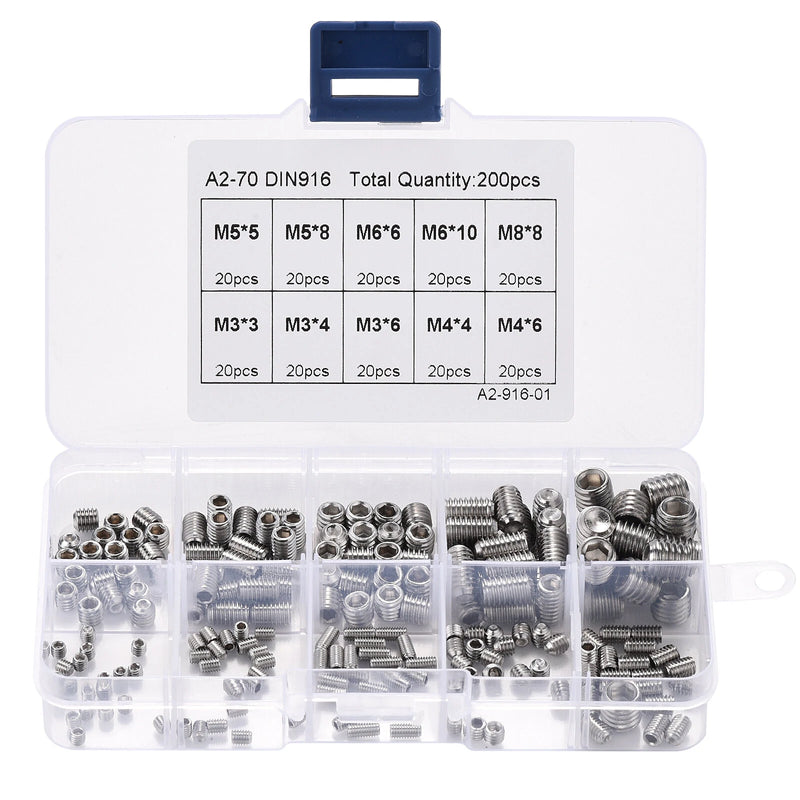 200pcs 304 Stainless Steel Set Screw M3 M4 M5 M6 M8 Allen Head Socket Hex Grub Screw Set Cup Point Assortment Kit Metric