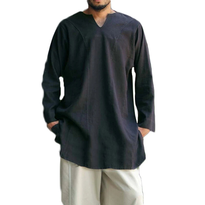 INCERUN Men Shirt Solid Color Long Sleeve Linen Shirts Mens Top V-neck Ethnic Casual Male Clothing