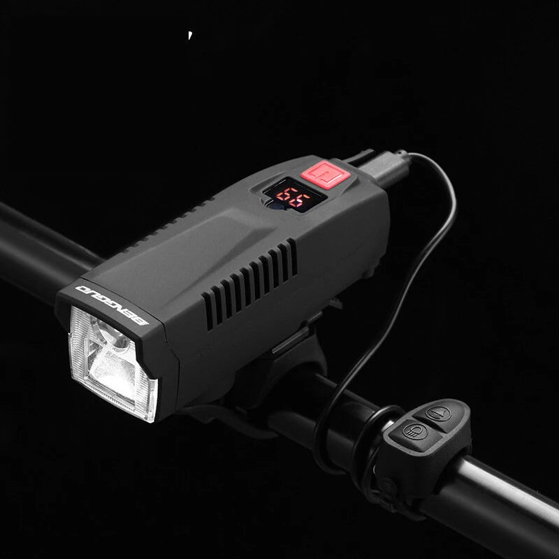 BENGGUO Solar Rechargeable Bike Headlight LED Super Brightness 1800mAh Battery Waterproof 4 Light Modes Warning Flashlight with 120dB Horn for Night Cycling
