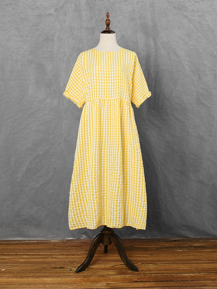 ZANZEA Plus Size Women Long Dress Casual Loose Plaid Print O-Neck Half Sleeve Beach Maxi Dress
