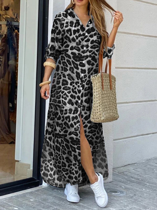 ZANZEA Leopard Print Button Up Shirt Dress for Women, Elegant Long Sleeve Dress For Spring & Fall, Women Lapel Button Long Shirt Dress Loose Vintage Maxi Dress