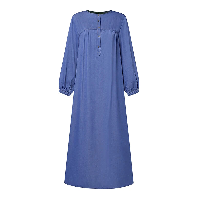 ZANZEA Women Vintage Round Neck Denim Dresses Casual Lantern Sleeve Solid Maxi Dress