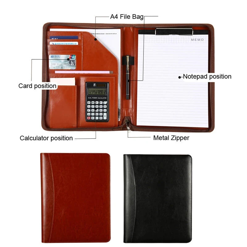 A4 File Folder Multifunctional Document Business Stationery Leather Conference Contract Folders Zippered Organizer Card Holder