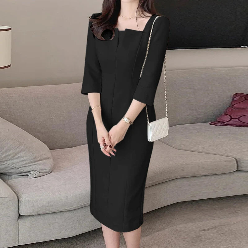 ZANZEA Womens Party Daily 7/8 Sleeve Small V-neck Design Slim Segmented Dress Solid Color Elegant Midi Dress