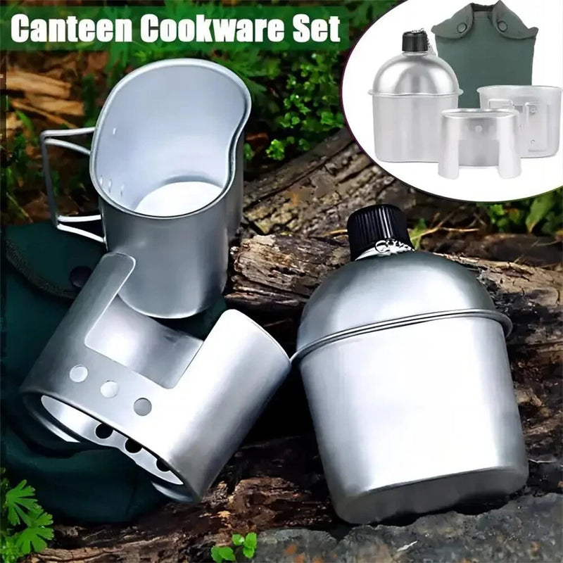 IPRee Aluminum Water Canteen Cup Wood Stove Pouch Set Portable Military Canteen for Outdoor Camping Survival Experience Hiking Backpacking
