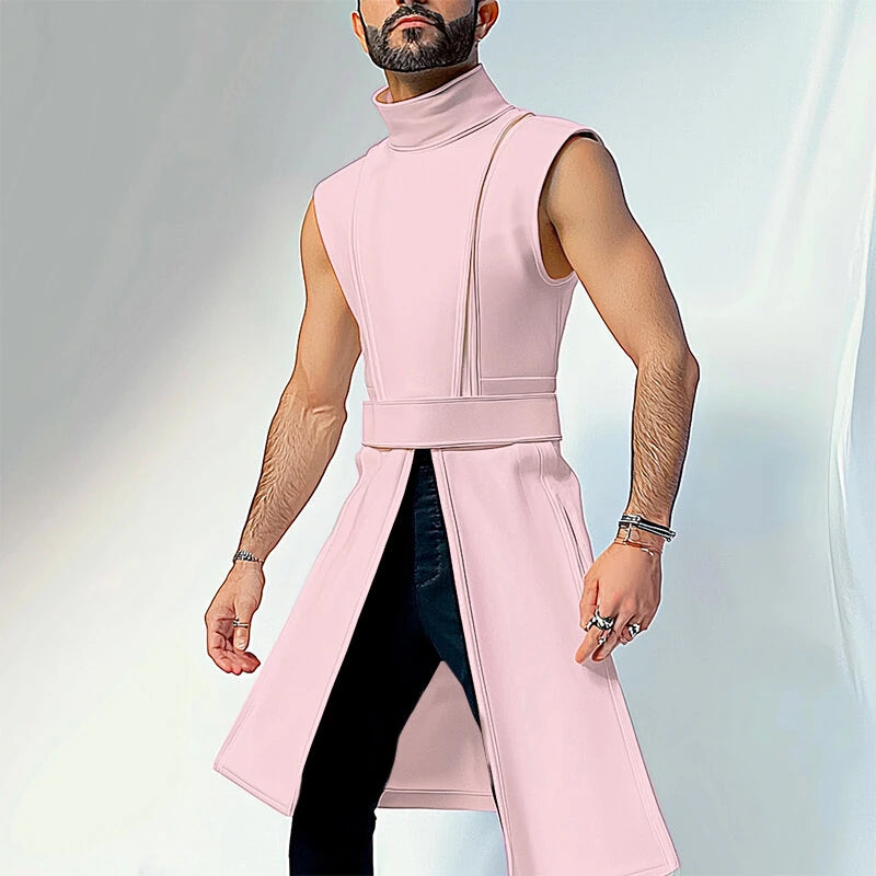 INCERUN Mens Solid Color Split Design Sleeveless T-Shirt Fashion Half Turtleneck Top for Male