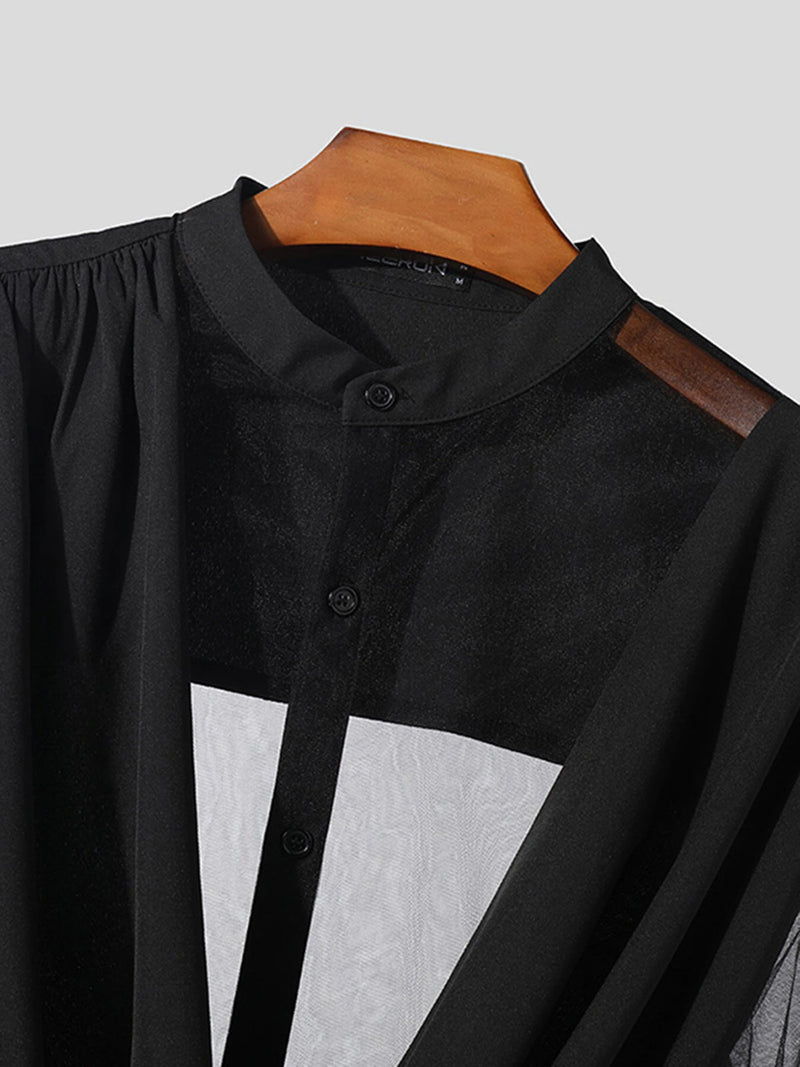 INCERUN Mens Shirt Fashion Swing Neck Patchwork Mesh Fabric Long Sleeve Shirts See Through Nightcklub Mens Clothing